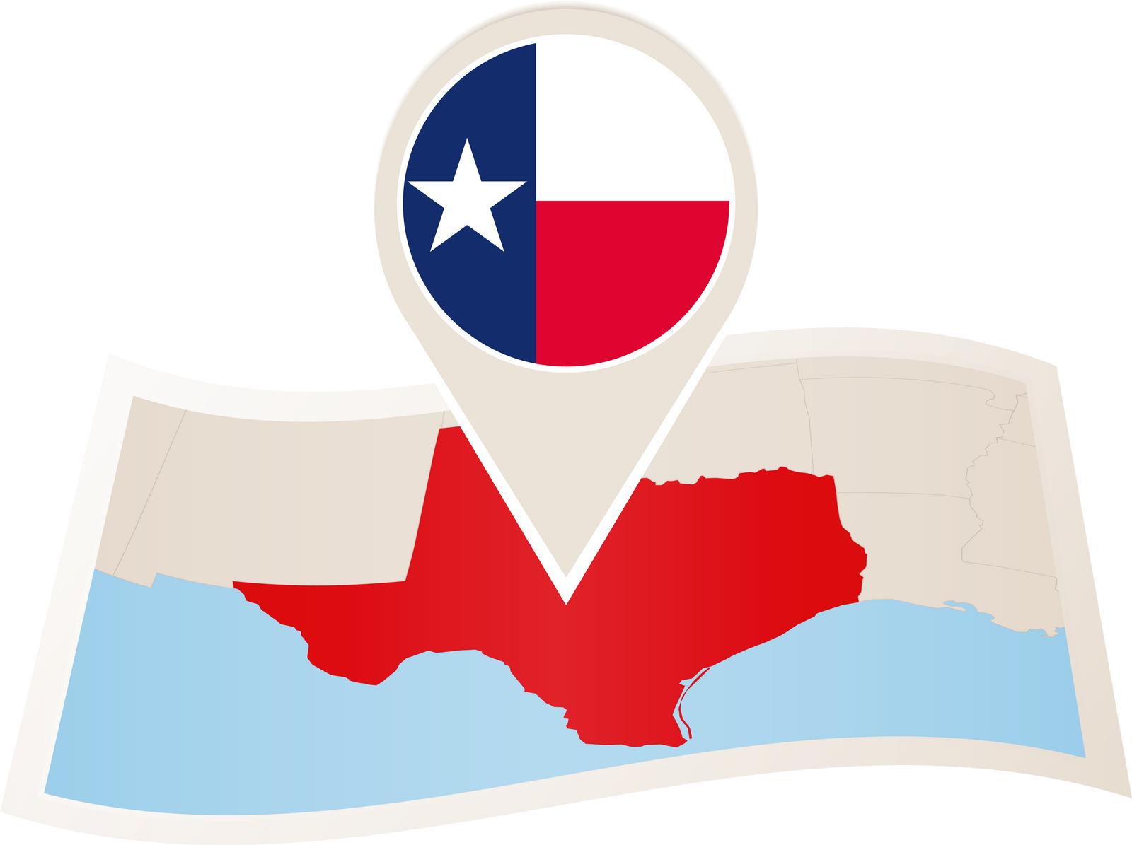Folded paper map of Texas U.S. State with flag pin of Texas.